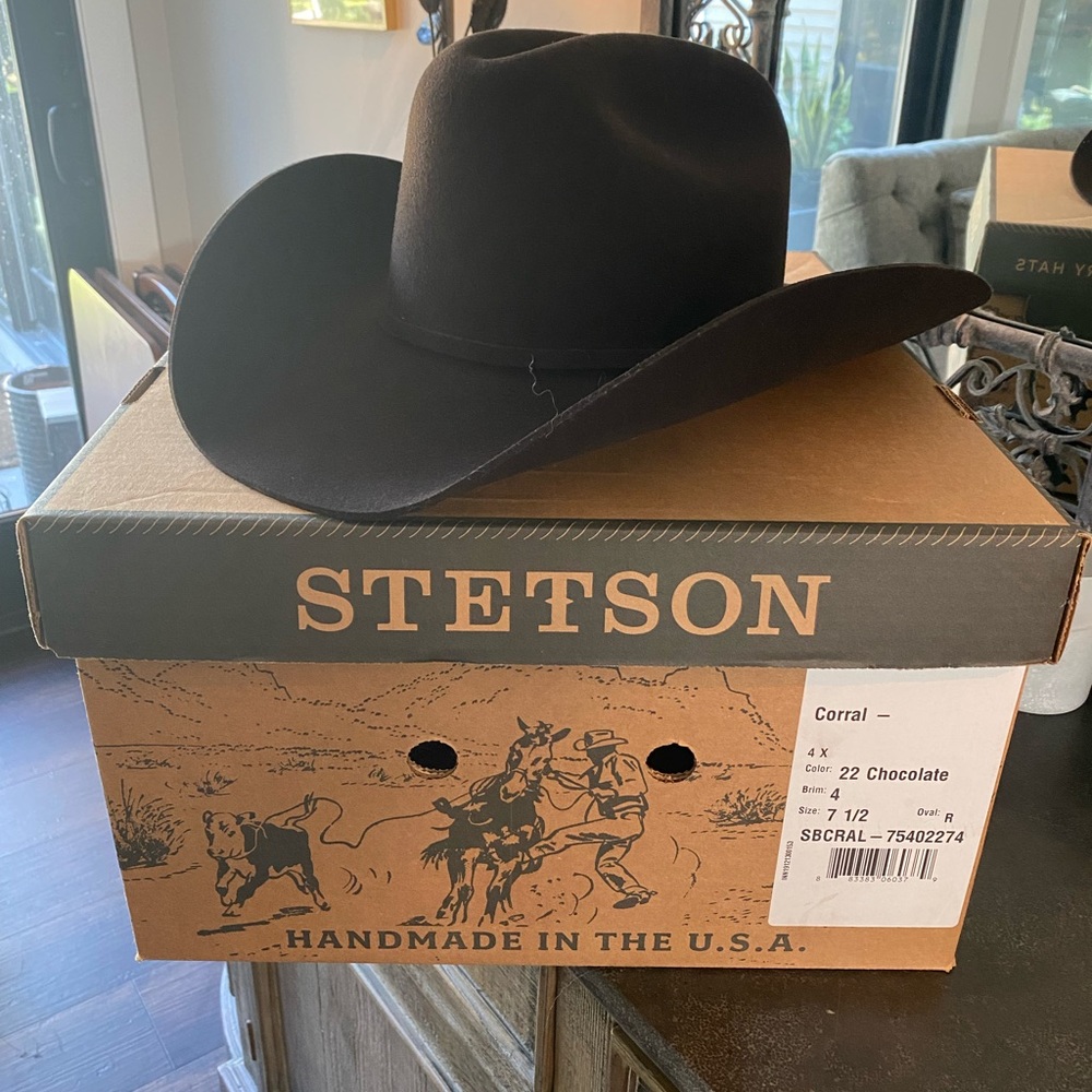 Stetson cowboy hat. Dark brown Buffalo hair with silver buckle rim band. Sharp!